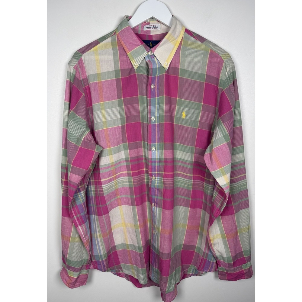 Ralph Lauren Shirt Mens L Pink Plaid Indian Madras Long Sleeve Button Up Cotton